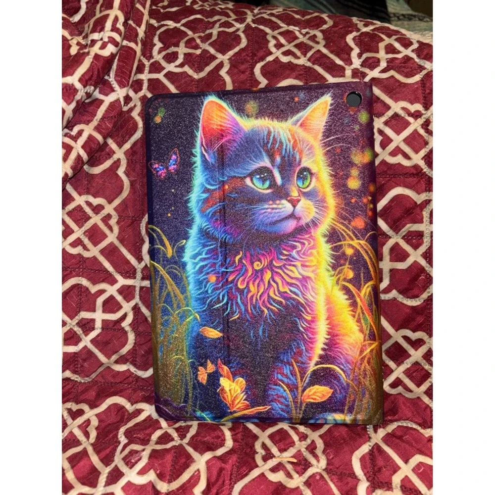 Rainbow Kitten Tablet Folio Case Multicolor Psychedelic Cat Cover 10 Inch